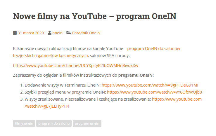 Filmy na YouTube programu OneIN do salonów